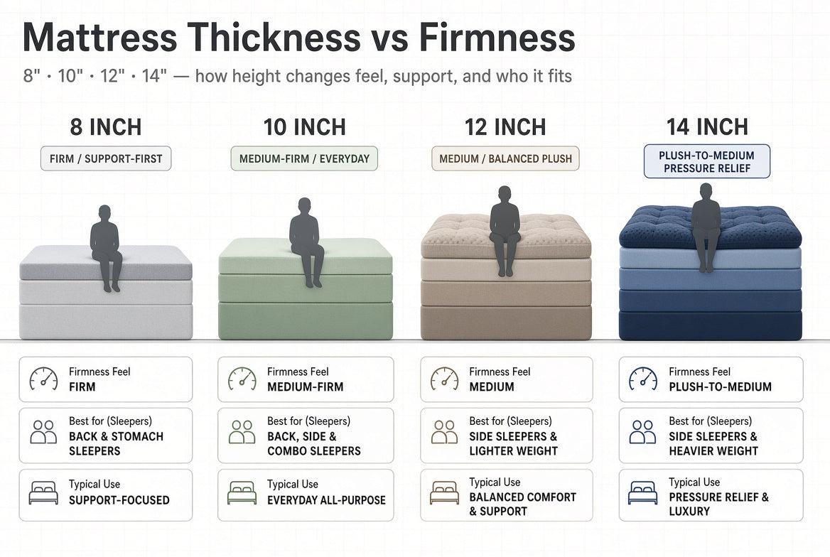 How to Choose Mattress Firmness by Thickness (8" vs 10" vs 12" vs 14")